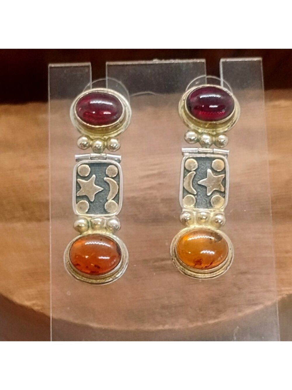 Celestial Moon Stars 925 Sterling Silver Mixed Metal Earrings w/Amber & Garnet
